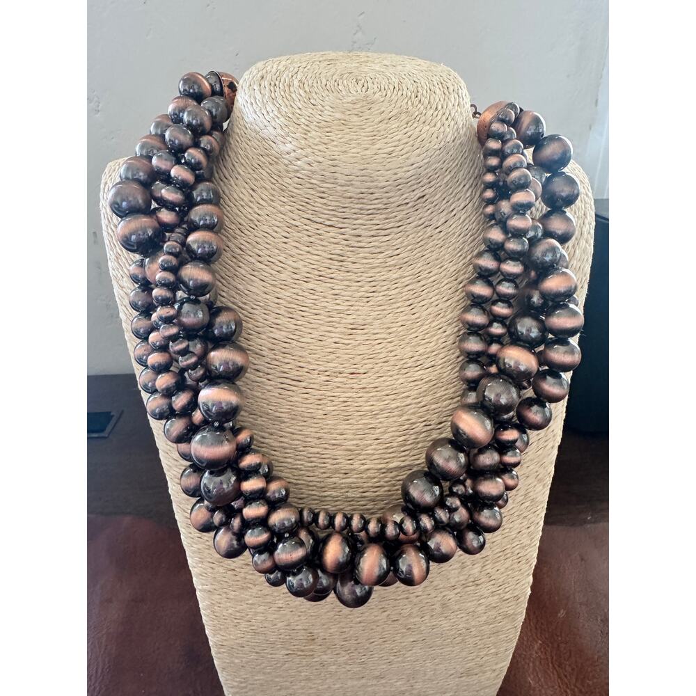 Chunky Multi Strand Copper Tone Necklace Boho Statement Rustic Beaded